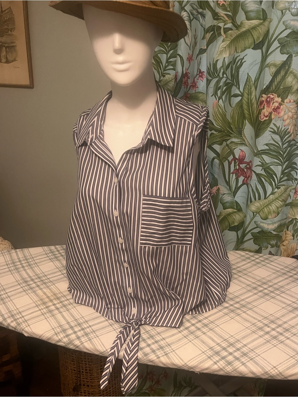 Chico's Navy and White Striped Tie-Front Button Down size XL